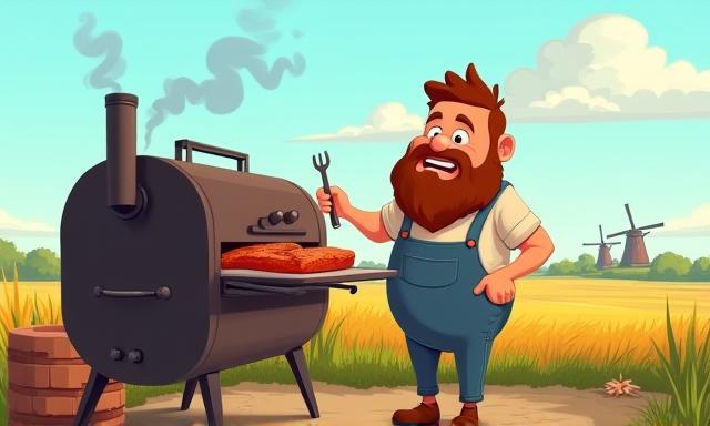 Illustrative cartoon image of a Dutch BBQ master tending to a smoker in a scenic countryside.
