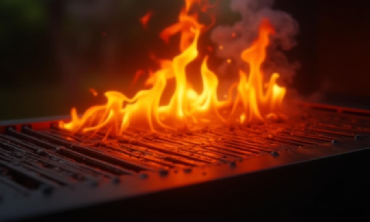 Close-up of a high-quality grill with flames and smoke, illustrating the Dutch Flame BBQ Co. experience.