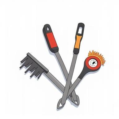 Illustrative cartoon image of BBQ tongs, meat thermometer, and grill brush.