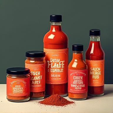 Illustrative cartoon image of various Dutch Flame BBQ spice rubs and sauce bottles.